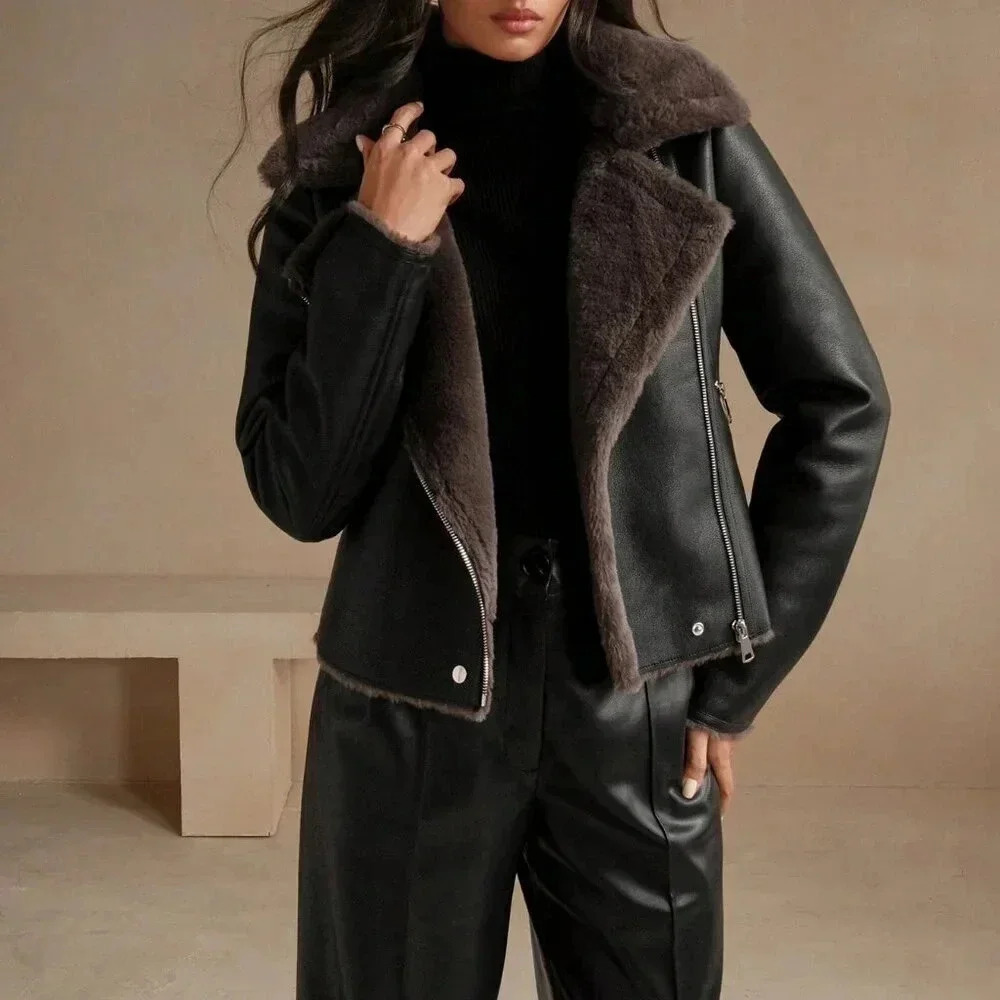 Black Casual Women's Faux Leather Composite Collar Jacket